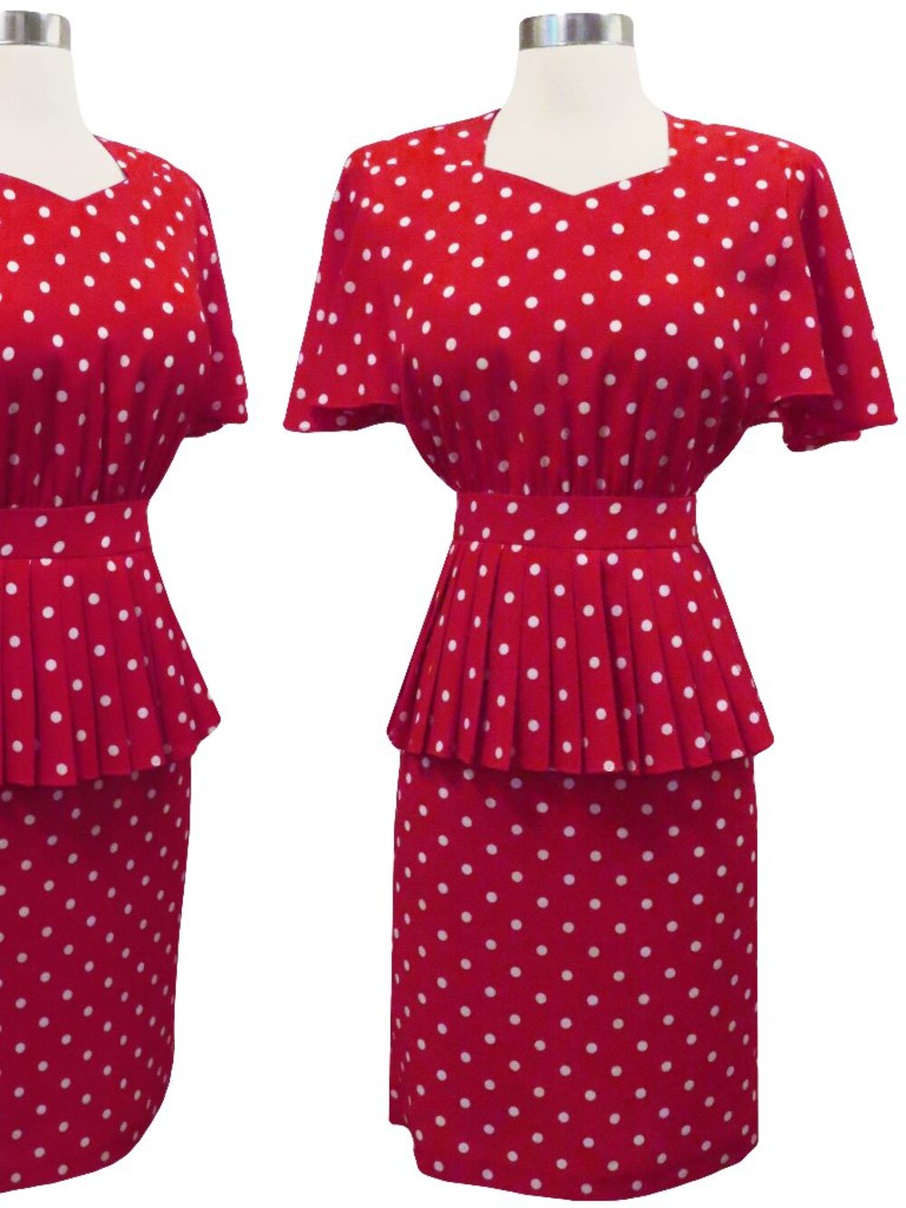 Vintage 80s 40s Red White Polka Dot Peplum Swing Dance Cocktail Party Dress XS
